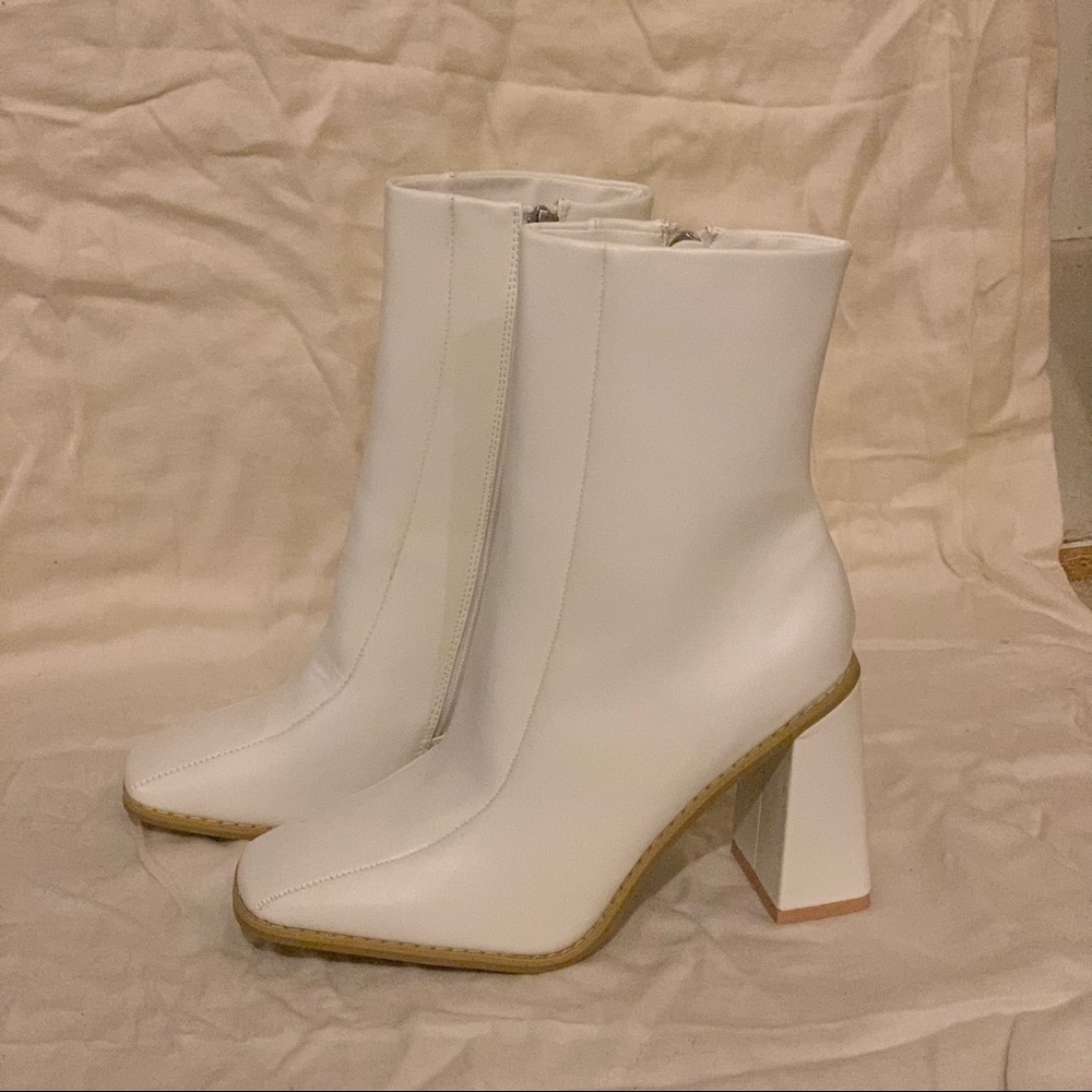white square toe faux leather heeled booties